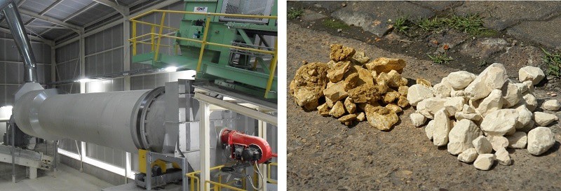 Combined Allgaier drying and cleaning drum TRH (left) and limestone before and after the treatment (right)