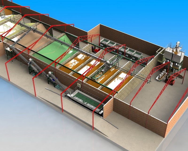 This impression gives an overview of a fertilizer storage facility with a product intake, and blending and bagging line installed at the Agron factory in South Africa.