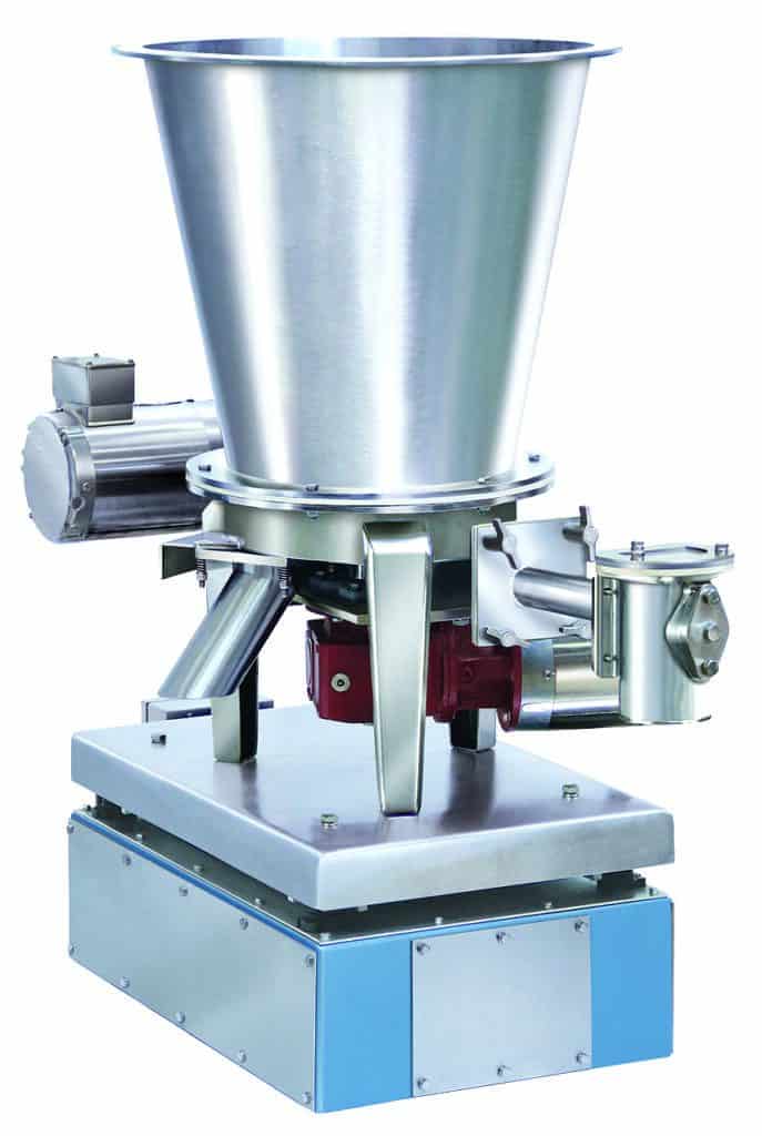 Designed with a flat bottom feed chamber, the metering mechanism is housed in the chamber and is comprised of a horizontally rotating “conditioning agitator” with a metering auger positioned underneath for highly effective and efficient feeding of materials. The Model 170-0 is also designed to self-empty when permitted to feed until empty and includes an integrated discharge port for rapid feeder emptying. Feed rates range from several pounds upwards to approximately 20 cu. ft./hr., with continuous metering accuracies ranging between +/- 0.25 to 1 percent or better (error) at two sigma, based on a given number of consecutive one-minute sample weighments.