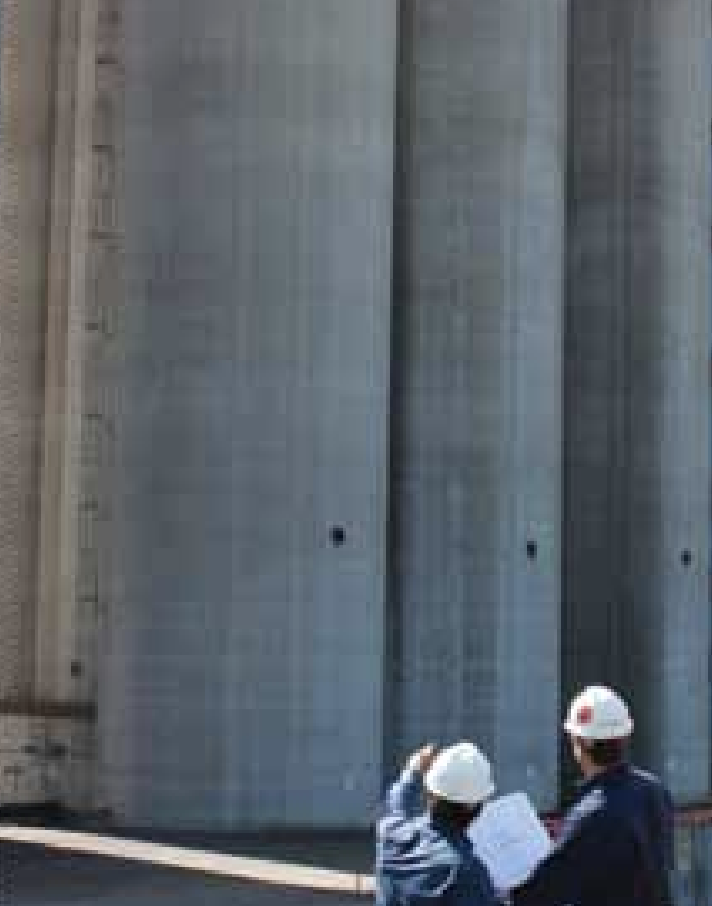 Figure 14. These concrete silos for handling grain have a skirt-support construction that allows simple foundation design and a weather protected processing area below the silo hopper.