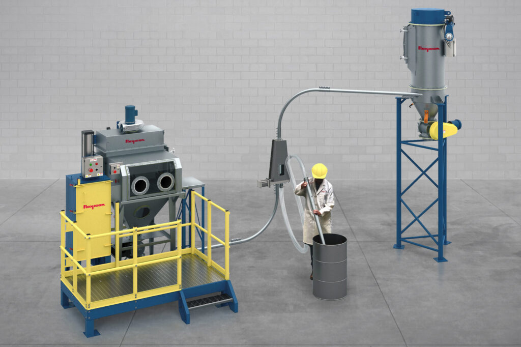 Dual Intake Vacuum System for Dust Free Unloading of Containers or Bags